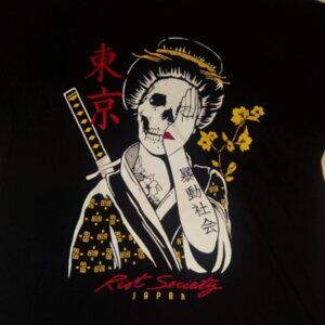 Riot Society Japan Skeleton Geisha (Adult M )Short Sleeve Black T-Shirt USA EUC